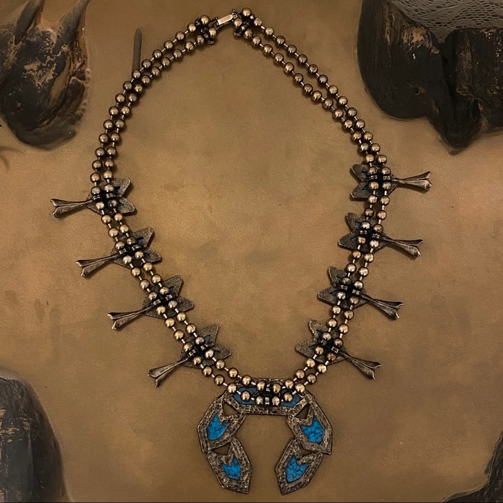 Squash Blossom Turquoise Silver Statement Necklace! long beaded arrows 24” - Picture 4 of 6